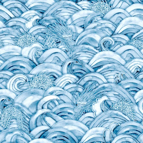 Sea Waves Dragons Magic Seamless Pattern Watercolor Hand Drawn Blue — Stock Photo, Image