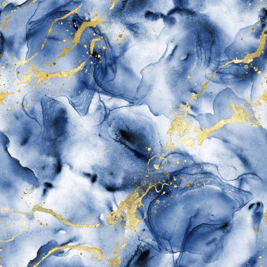 Soyut suluboya, lüks bir geçmişi var. Elleri mavi ve altın rengi parıltılı lekeler, pürüzsüz elementler serpiştiriyor. Suluboya dokusu. Tekstil, kumaş, duvar kağıdı, ambalaj kağıdı baskısı