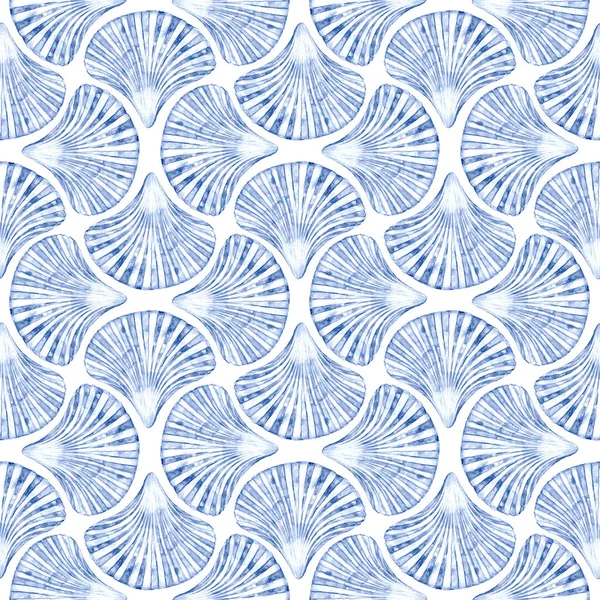 艺术装饰风格抽象水彩贝壳几何形式无缝图案背景 白色纹理上手工绘制的海军蓝元素 纺织品 包装纸用水彩印 — 图库照片