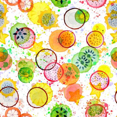 Egzotik tropikal meyve dilimleriyle kusursuz desen. Benekli renkli arkaplanda suluboya el çizimi. Suluboya parlak yaz süsü. Tekstil, duvar kağıdı, ambalaj kağıdı üzerine baskı.