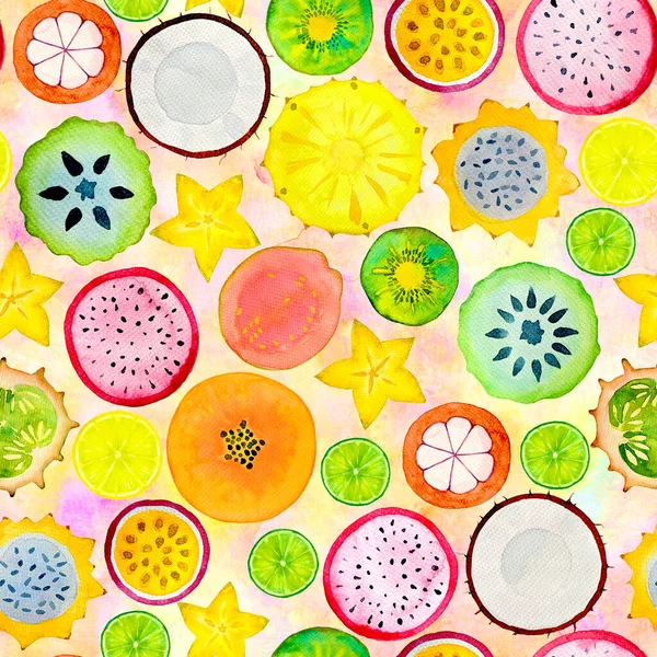 Απρόσκοπτη Μοτίβο Εξωτικές Φέτες Τροπικών Φρούτων Υδατογραφία Χέρι Ζωγραφισμένα Εικόνα — Φωτογραφία Αρχείου