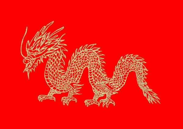 Золотой Китайский Морской Дракон Изолирован Красном Фоне Восточная Иллюстрация Ручной — стоковое фото