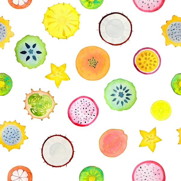 Płynny Wzór Egzotycznymi Tropikalnymi Plastrami Owoców Akwarela Ręcznie Rysowane Ilustracji — Zdjęcie stockowe