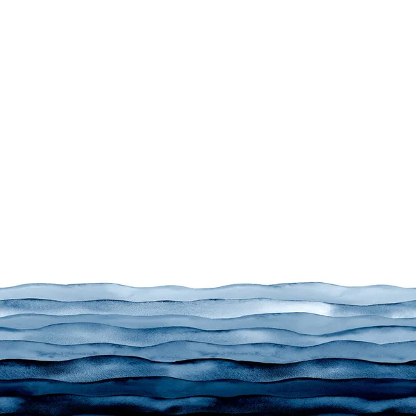 水彩海海浪深蓝色深蓝色背景 水彩画手绘波浪图解 横幅框架背景水花的设计 卷曲的颜色覆盖 文字的空间 — 图库照片