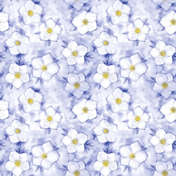 水彩の花パステルネイビーブルー 白のシームレスなパターンの背景 水彩手描き春の植物イラスト テキスタイル ファブリック 包装紙のデザインのための印刷 — ストック写真