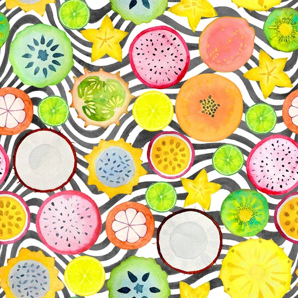 Απρόσκοπτη Μοτίβο Εξωτικές Φέτες Τροπικών Φρούτων Υδατογραφία Χέρι Ζωγραφισμένα Εικόνα — Φωτογραφία Αρχείου