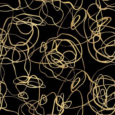 Soyut altın çizgiler, kusursuz desenler. Elle çizilmiş altın renkli parlak çizgiler siyah arka planda. Çağdaş doku. Tekstil, kumaş, duvar kağıdı, ambalaj kağıdı baskısı.