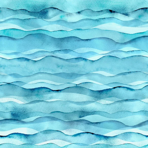 Abstract Aquarel Transparant Teal Blauw Turquoise Gekleurde Golf Naadloze Patroon — Stockfoto