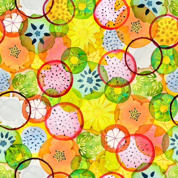 Patrón Sin Costuras Con Rebanadas Frutas Tropicales Exóticas Acuarela Ilustración — Foto de Stock