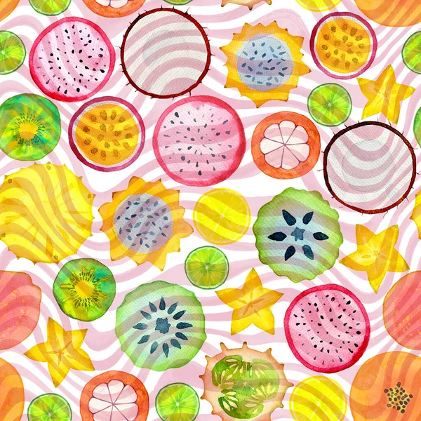 Seamless Pattern Exotic Tropical Fruits Slices Watercolor Hand Drawn Illustration — Stock Photo, Image