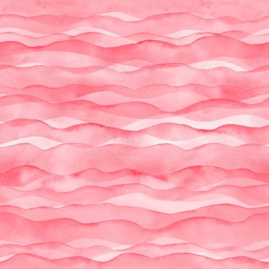 Soyut suluboya şeffaf açık kırmızı renkli, dikişsiz dalga arkaplanı. Suluboya el boyası dalga çizimi. Tekstil, kumaş, duvar kağıdı, ambalaj kağıdı baskısı.