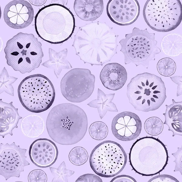Nahtloses Muster Mit Scheiben Exotischer Tropischer Früchte Aquarell Handgezeichnet Monochrom — Stockfoto