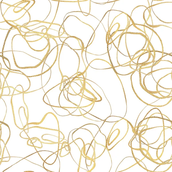 Abstract golden line seamless pattern. Hand drawn golden glittering shiny lines on white background. Contemporary texture. Print for textile, fabric, wallpaper, wrapping paper.