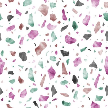 Soyut italyan terrazzo pürüzsüz desen. Dağılmış çok renkli taşlar elle çizilmiş suluboya dekoratif doku. Kırık boyalı camlar, renkli şekiller tekstil, kumaş, duvar kağıdı, ambalaj..
