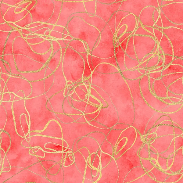 Abstract golden line seamless pattern. Hand drawn golden glittering shiny lines on red watercolor background. Watercolour contemporary texture. Print for textile, fabric, wallpaper, wrapping paper.