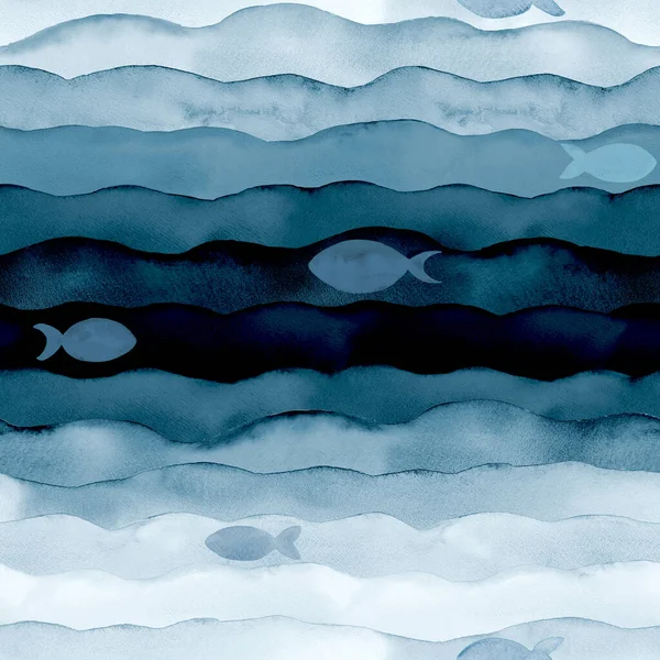 Abstract Aquarel Zee Oceaan Marine Blauw Indigo Gekleurde Golf Naadloze — Stockfoto