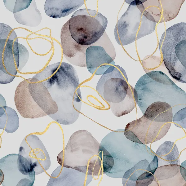 Abstract watercolor stains and forms multicolor background. Hand drawn navy blue brown fluid spots, gold lines seamless pattern. Watercolour texture. Print for textile, fabric wallpaper wrapping paper
