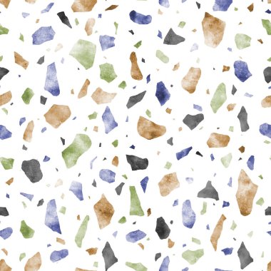 Soyut italyan terrazzo pürüzsüz desen. Dağılmış çok renkli taşlar elle çizilmiş suluboya dekoratif doku. Kırık boyalı camlar, renkli şekiller tekstil, kumaş, duvar kağıdı, ambalaj..