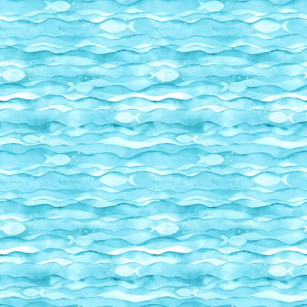 抽象的な水彩海洋のティールターコイズ色の波シームレスなパターンの背景 水彩の手は波や魚のイラストを描きました 包むペーパーのための印刷物 — ストック写真