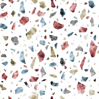 Soyut italyan terrazzo pürüzsüz desen. Dağılmış çok renkli taşlar elle çizilmiş suluboya dekoratif doku. Kırık boyalı camlar, renkli şekiller tekstil, kumaş, duvar kağıdı, ambalaj..