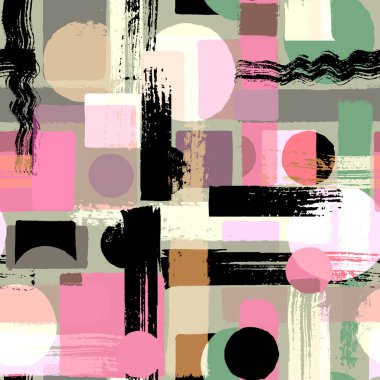 Çağdaş sanatın kusursuz bir geçmişi var. Soyut grunge geometrik şekiller. El çizimi pembe, siyah, beyaz, haki rengi, bej daireler, dikdörtgenler, kare dokular. Tekstil, duvar kâğıdı ve ambalaj için yazdır