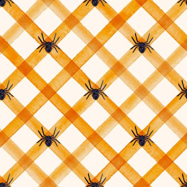 Suluboya çizgili ekose örümcekler kusursuz desen. Turuncu çizgiler ve örümcekler. Suluboya el çizgili doku. Kumaş tasarımı, tekstil, kumaş, duvar kağıdı, ambalaj, fayans için Cadılar Bayramı baskısı