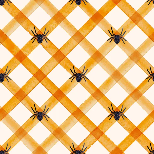 Suluboya çizgili ekose örümcekler kusursuz desen. Turuncu çizgiler ve örümcekler. Suluboya el çizgili doku. Kumaş tasarımı, tekstil, kumaş, duvar kağıdı, ambalaj, fayans için Cadılar Bayramı baskısı