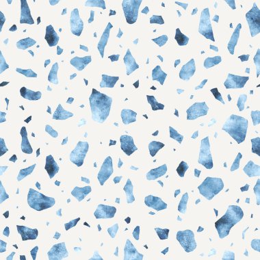 Soyut italyan terrazzo pürüzsüz desen. Dağıtılmış lacivert taşlar elle suluboya dekoratif desen çizilmiş. Kırık boyalı camlar, renkli şekiller tekstil, kumaş, duvar kağıdı, ambalaj..