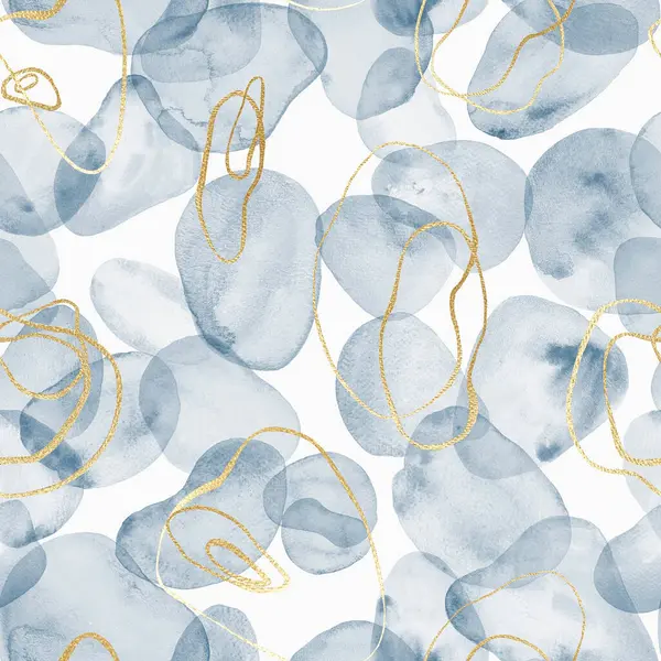 Abstract watercolor stains and forms pastel background. Hand drawn navy blue teal fluid spots, gold lines seamless pattern. Watercolour texture. Print for textile, fabric, wallpaper, wrapping paper