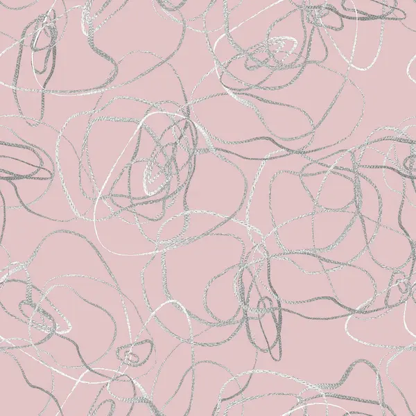 Abstract silver line seamless pattern. Hand drawn glittering shiny lines on pastel pink background. Contemporary texture. Print for textile, fabric, wallpaper, wrapping paper.