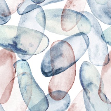 Soyut suluboya elipsleri renk arkaplanı oluşturur. El çizimi, çok renkli mavi, kahverengi, akışkan lekeler, kusursuz desen. Suluboya dokusu. Tekstil, kumaş, duvar kağıdı, ambalaj kağıdı baskısı