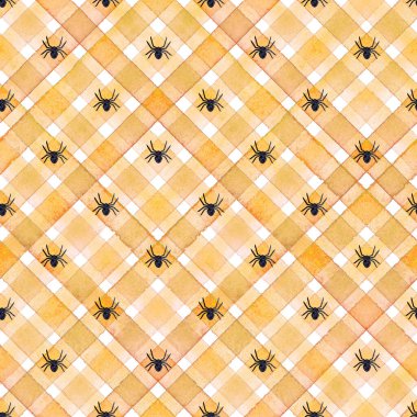 Suluboya çizgili ekoseli desen. Turuncu çizgili arka plan. Suluboya el çizgili doku. Kumaş tasarımı, tekstil, kumaş, duvar kağıdı, ambalaj, fayans için Cadılar Bayramı baskısı