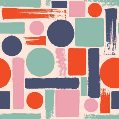 Çağdaş sanatın kusursuz bir geçmişi var. Soyut grunge geometrik şekiller. El çizimi pembe, kırmızı, beyaz, yeşil, mavi daireler, dikdörtgenler, kare dokular. Tekstil, duvar kâğıdı ve ambalaj için yazdır