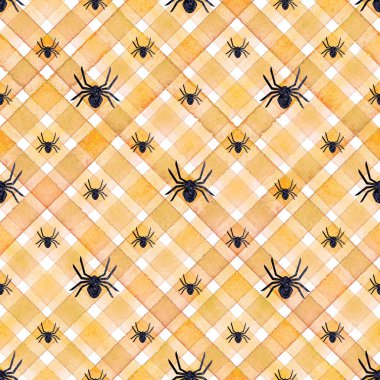 Suluboya çizgili ekoseli desen. Turuncu çizgili arka plan. Suluboya el çizgili doku. Kumaş tasarımı, tekstil, kumaş, duvar kağıdı, ambalaj, fayans için Cadılar Bayramı baskısı