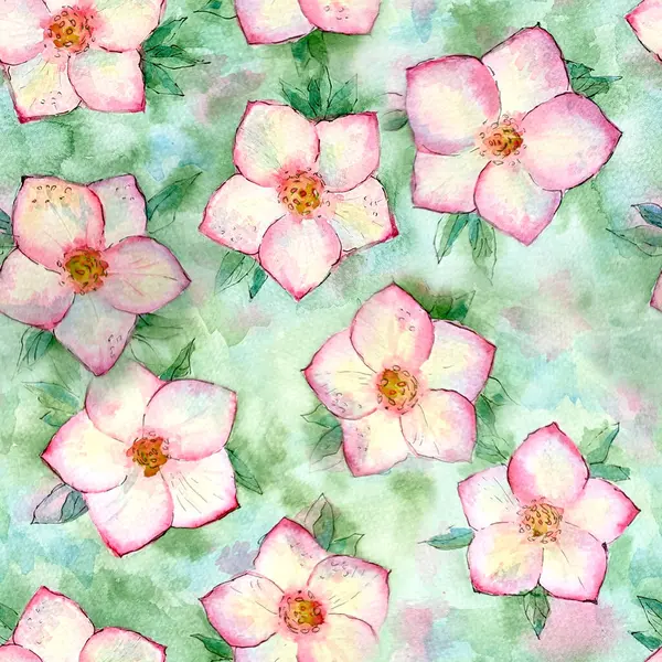 Watercolor flowers pastel green, pink, white seamless pattern background. Watercolour hand drawn spring botanical illustration. Print for textile, fabric, wallpaper, wrapping paper design.