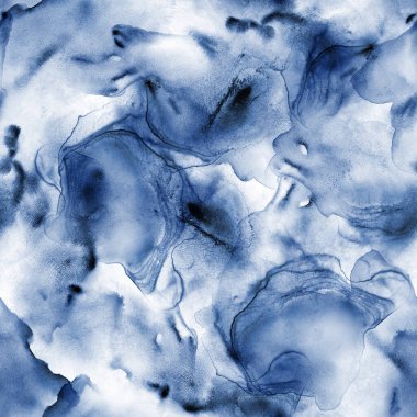 Soyut suluboya sıvı boyalı lüks arka plan. Elle çizilmiş lacivert sıvı lekeleri, pürüzsüz elementler. Suluboya dokusu. Tekstil, kumaş, duvar kağıdı, ambalaj kağıdı baskısı.