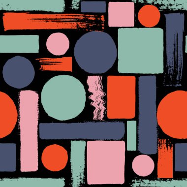 Çağdaş sanatın kusursuz bir geçmişi var. Soyut grunge geometrik şekiller. El çizimi pembe, siyah, kırmızı, lacivert, naneli daireler, dikdörtgenler, kare dokular. Tekstil, duvar kâğıdı ve ambalaj için yazdır