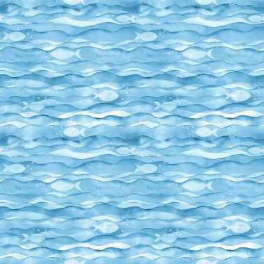 Soyut suluboya şeffaf açık mavi turkuaz renkli, dikişsiz dalga desenli arka plan. Suluboya el, dalgaları ve balıkları boyadı. Tekstil, kumaş, duvar kağıdı, ambalaj kağıdı baskısı.