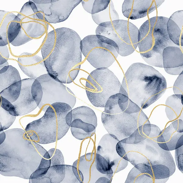 Abstract watercolor stains and forms multicolor background. Hand drawn navy blue fluid spots, gold lines seamless pattern. Watercolour texture. Print for textile, fabric, wallpaper, wrapping paper
