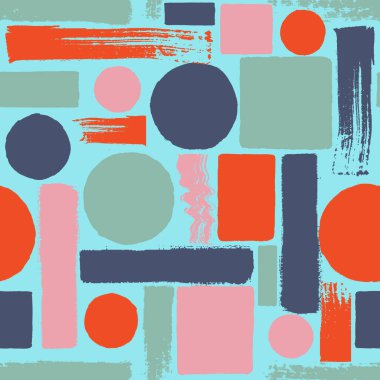 Çağdaş sanatın kusursuz bir geçmişi var. Soyut grunge geometrik şekiller. El çizimi pembe, mavi, deniz mavisi, mavi daireler, dikdörtgen, kare desen. Tekstil, duvar kâğıdı ve ambalaj için yazdır