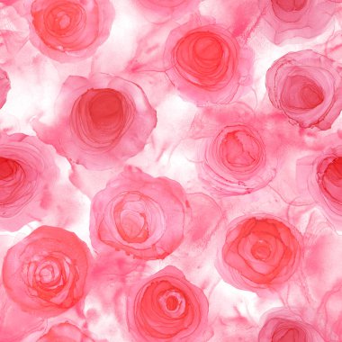 Soyut alkol mürekkebi, sıvı gül lekesi, lüks arka plan. Pembe kırmızı gül çiçekleri sıvı lekeler, pürüzsüz desen dokusu. Tekstil, kumaş, duvar kağıdı, ambalaj kağıdı baskısı.