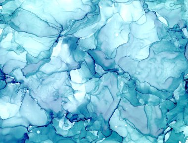 Soyut alkol mürekkebi sıvı lüks arka plan. Teal mavisi turkuaz renk sıvısı lekeleri, sıçrama deseni. Mermer etkisi, okyanus, deniz dalgaları dokusu. Metin için boşluk.