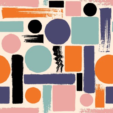 Çağdaş sanatın kusursuz bir geçmişi var. Soyut grunge geometrik şekiller. El çizimi pembe, siyah, çivit, nane, bej daireler, dikdörtgenler, kare desen. Tekstil, duvar kâğıdı ve ambalaj için yazdır