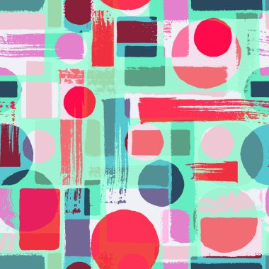 Çağdaş sanatın kusursuz bir geçmişi var. Soyut grunge geometrik şekiller. El çizimi pembe, deniz mavisi, yeşil, kırmızı, mavi daireler, dikdörtgenler, kare dokular. Tekstil, duvar kâğıdı ve ambalaj için yazdır