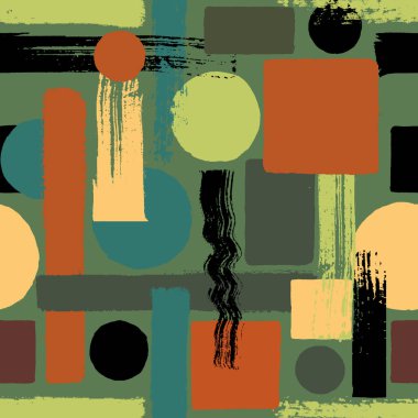 Çağdaş sanatın kusursuz bir geçmişi var. Soyut grunge geometrik şekiller. El çizimi yeşil, siyah, haki rengi, turuncu daireler, dikdörtgenler, kare dokular. Tekstil, duvar kâğıdı ve ambalaj için yazdır