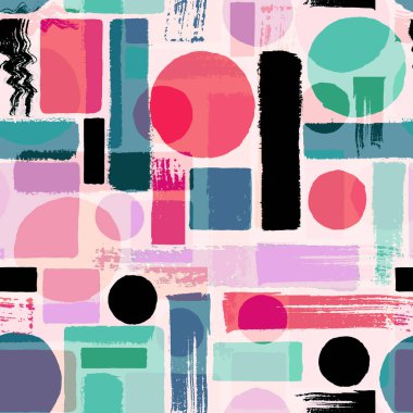 Çağdaş sanatın kusursuz bir geçmişi var. Soyut grunge geometrik şekiller. El çizimi pembe, siyah, yeşil, mor, kırmızı daireler, dikdörtgenler, kare dokular. Tekstil, duvar kâğıdı ve ambalaj için yazdır