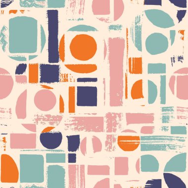 Çağdaş sanatın kusursuz bir geçmişi var. Soyut grunge geometrik şekiller. El çizimi pembe, nane, süt beyazı, mavi daireler, dikdörtgenler, kare dokular. Tekstil, duvar kâğıdı ve ambalaj için yazdır