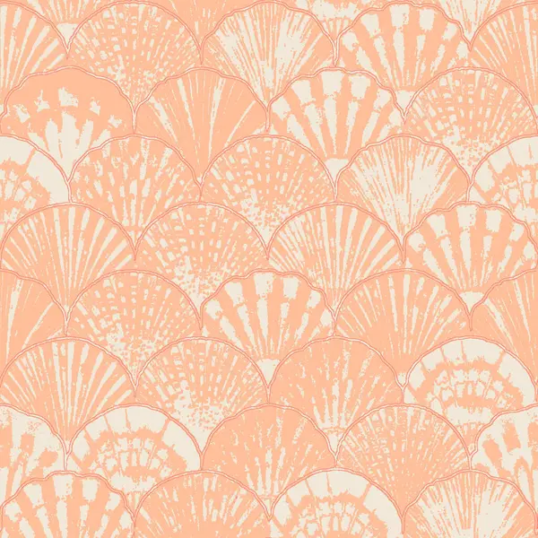 Watercolor sea shell japanese waves peach fuzz color of 2024 seamless pattern. Hand drawn seashells ocean background. Watercolour marine illustration. Print for wallpaper, fabric, textile, wrapping.