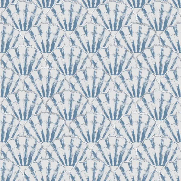 Watercolor sea shell japanese waves blue white seamless pattern. Hand drawn seashells ocean background with silver line. Watercolour marine illustration. Print for wallpaper, fabric, textile, wrapping.
