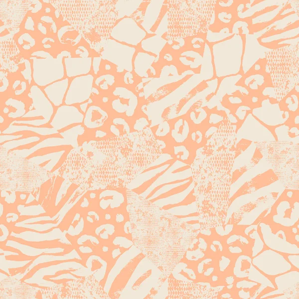 Trendy imitation sewn pieces Peach Fuzz color fabric in patchwork style. Hand drawn modern collage seamless pattern. Safary texture with animals print of giraffe, leopard, zebra, snake.